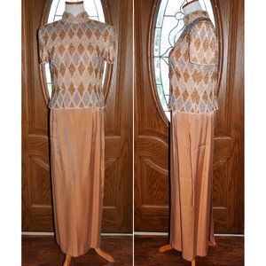 Vintage ADRIANNA PAPELL Bronze Beaded Top Iridescent Skirt Formal 2 Piece Size 8